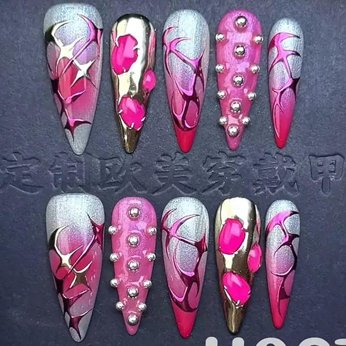 Handmade Press on Nails Long Stiletto Fake Nails Ombre Red False Nails Silver Foil Rhinestone Glue on Nails Reusable Full Cover Halloween Nail for Women Girls Manicure 10PCS Size L