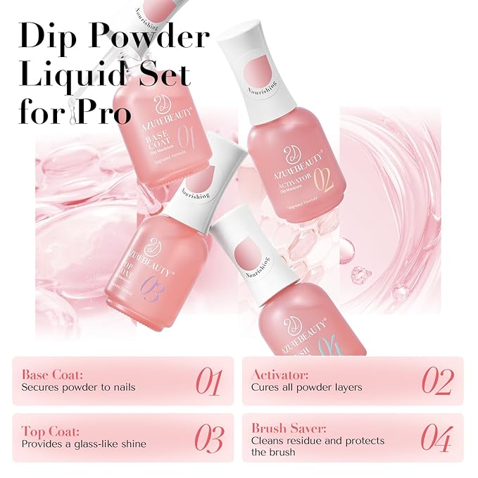 AZUREBEAUTY Dip Powder Liquid Set – Upgraded Care Formula, 4+4Pcs 15ml/0.5oz Base Coat, Activator, Top Coat & Brush Saver, Nail Strengthener with Keratin & Calcium, Low Odor DIY Home Salon