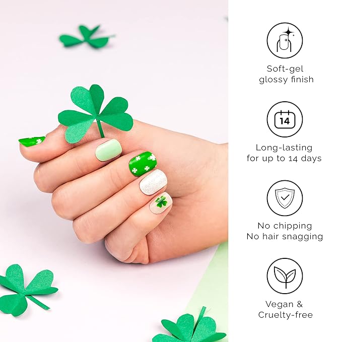 NAILOG Semi Cured Gel Nail Strips for St. Patrick's Day (20 Extra Long Green Stickers/Wraps) | Glossy & Long Lasting Soft Gel Finishing | The Shamrock