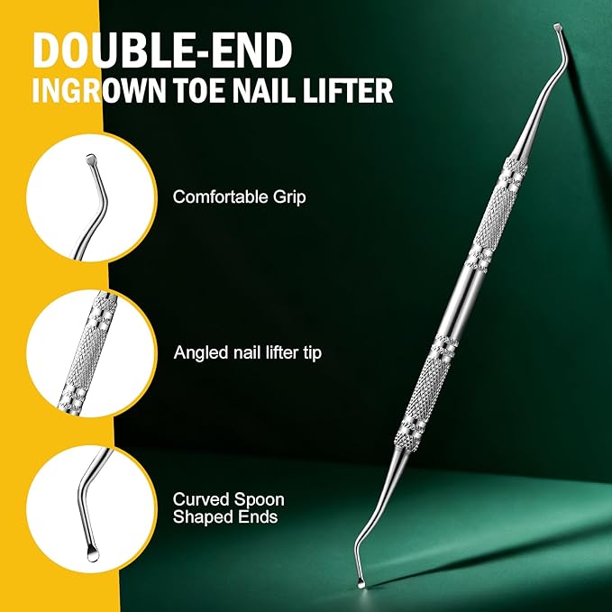 FVION Toenail File for Thick Nails and Toenail Lifter, 2pcs Stainless Steel Nail File and Ingrown Relief Set, Heavy Duty Metal Emery Board for Seniors, Men & Women Pedicure Tool (Green)