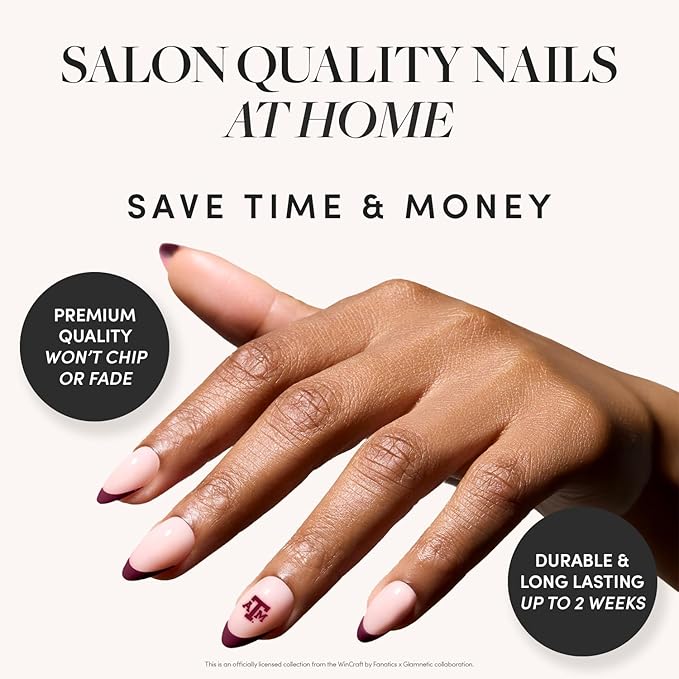 Glamnetic x Fanatics Press On Nails - Texas A&M Aggies | Short Almond Fake Nails, Collegiate Aggies Red French Tips, College Nails, Salon-Quality | 15 Sizes - 30 Nail Kit with Glue