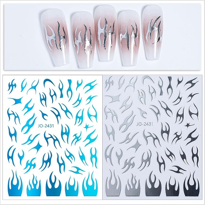 Irregular Geometric Line Nail Art Sticker Flame Pattern Nail Decals Holographic Gold Silver Black White Red Blue Nail Art Sticker Decals 3D Self-Adhesive Nail Sticker Design for Women DIY Manicure