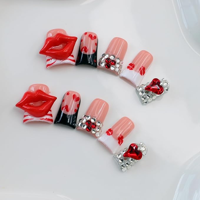 10Pcs Valentines Duck Press on Nails Handmade French Tip Press on Nails Short Duck Fake Nails Valentines False Nails with 3D Red Lips Heart Rhinestone Design Artificial Glue on Nail for Women (S)
