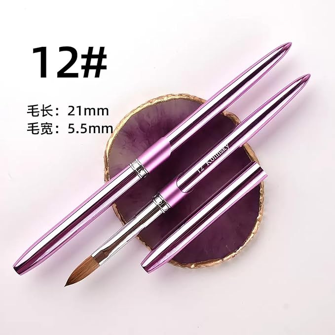 100% Pure Kolinsky Acrylic Nail Brush Size 12, Hair Acrylic Crystal Chrome Purple with Silver Ferrule Round Shaped for Women Girls Manicure Tools Accessories