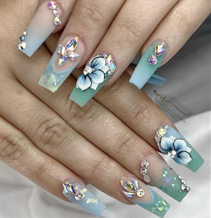 3D Acrylic Flower Nail Art Charms Handmade by Acrylic Powder - 15 colors, 24pcs Flowers Nail Rhinestones Kit 3D Crystal Nail Pearls Flat Design Acrylic Nail Art for Women Girls (BLue)