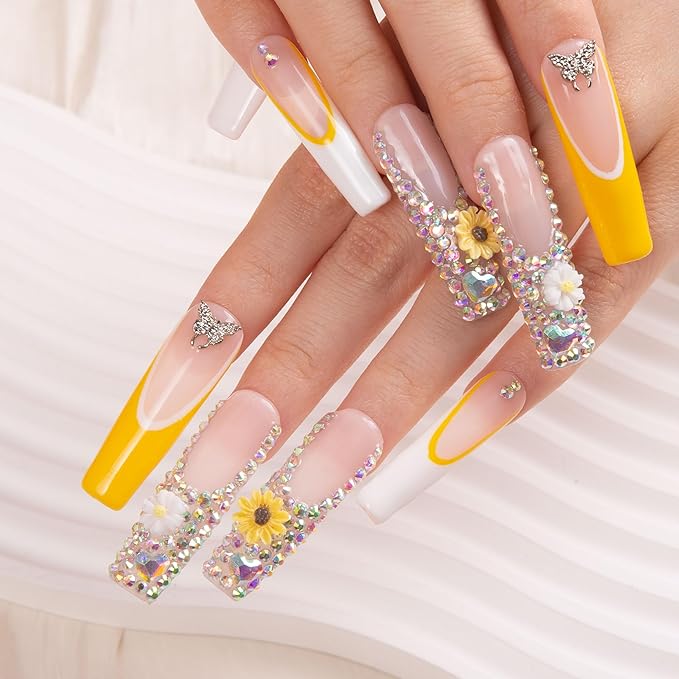 LOVFUL Press on Nails Sunflower| Handmade with Full Covered Crystals| Reusable Fake Nails| Square Mid length 1.7in| H143-M
