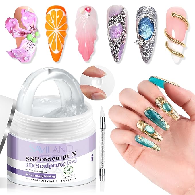 SAVILAND Sculpting Gel for Nail Art: 60 g Super Strong Solid Gel Builder 3D Gel Nail Art Clear Solid Sculpting Gels Non Sticky to Hands Extension Salon SSproSculpt X