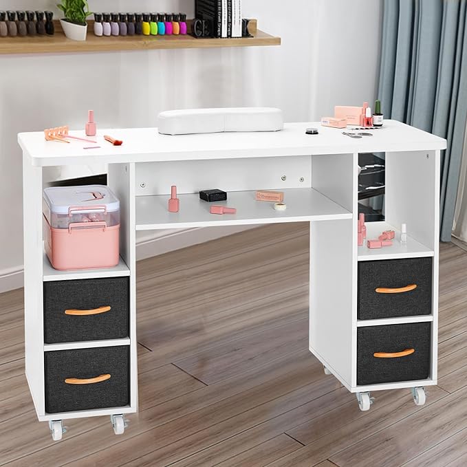 Artist hand Nail Table, Manicure Table, Nail Tech Table Station, Wrist Cushion, Lockable Wheels, Fabric Storage Drawers, Wooden Handle, White