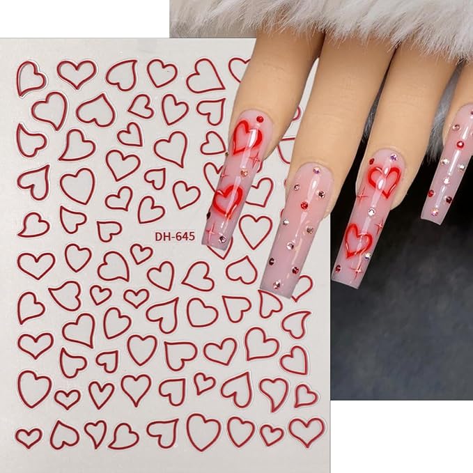 6Sheets Valentines Nail Stickers 3D Irregular Hollow Out Love Heart Nail Art Stickers Self Adhesive Romantic Valentines Nail Decals Colorful Heart Nail Decorations Supplies for Women DIY Manicure