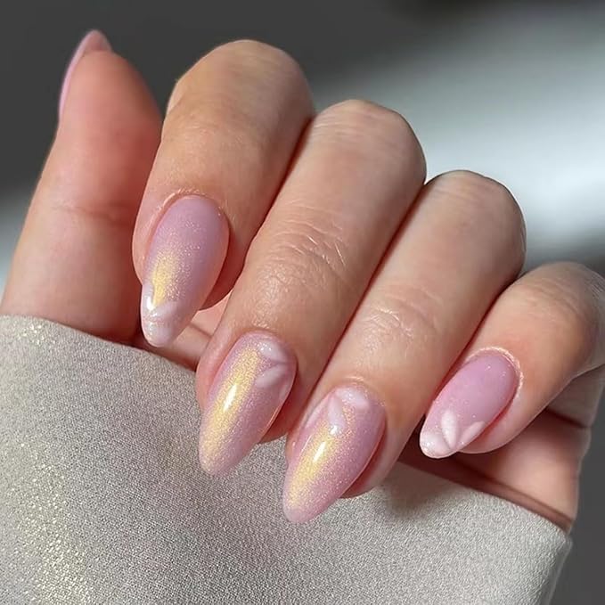 Short Press Almond Pink False Nails with Cute Flower Design - Glitter Acrylic Glossy Full Cover Glue on Shiny Artificial Nails for Women's Manicure - 30Pcs