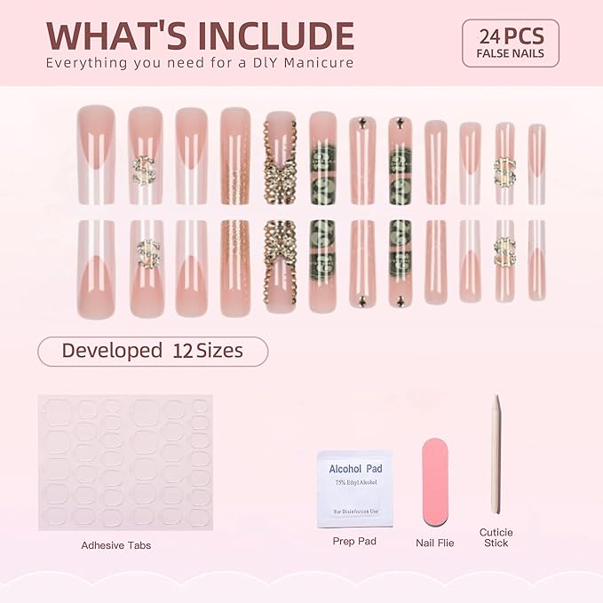 Extra Long Press on Nails Square Fake Nails French Tip False Nails with Gold Charms Designs Long Nails Press ons Sparkly Artificial Glossy Glue on Nail Cute Stick on Nail for Women 24Pcs