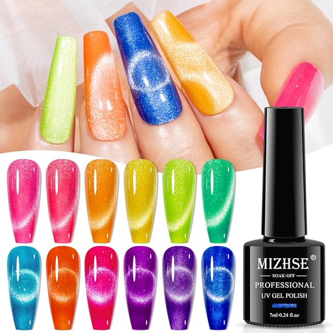 MIZHSE Neon Cat Eye Gel Polish Kit with 3D Metal Stick - 12-Color Glitter Magnetic Gel Polish Set Red Yellow Green Hot Pink Purple - Bright Nail Art Manicure Gift for Women