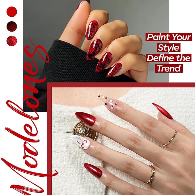 modelones Red Gel Nail Polish Set, 6 Colors 2026 Burgundy Bloody Wine Dark Red Jelly Pearl Glitter Gel Polish Silver Cat Eye Nail Polish with Liner Pen& Magnet& Wooden Stick LED Gift