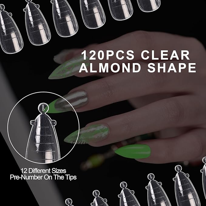 120Pcs Dual Nail Forms Poly Extension Gel Nails Full Cover Nail Tip Builder Molds 12 Sizes Clear Almond for Solid Nail Gel Glue Nail Art Design for Home & Salon