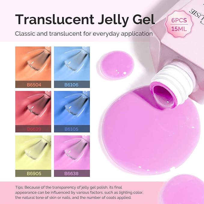 MelodySusie Jelly Gel Nail Polish Set,6 Transparent Colors,Milky or Jelly Texture,Pastel Rainbow Colors Soak Off UV LED Light Cure or Salon Manicure and Nail Art DIY at Home 15ML 0.3Fl Oz
