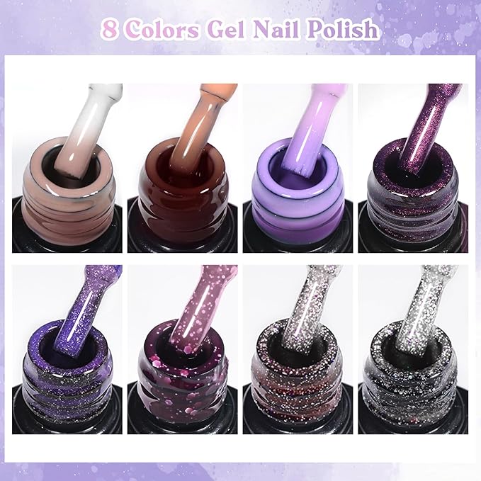 MEET ACROSS 12PCS Color Changing Gel Nail Polish Set Glitter Brown Gray Purple Gel Polish Set Fall Winter Mood Temperature Change Nail Polish UV/LED Nail Art Gifts 8 Colors