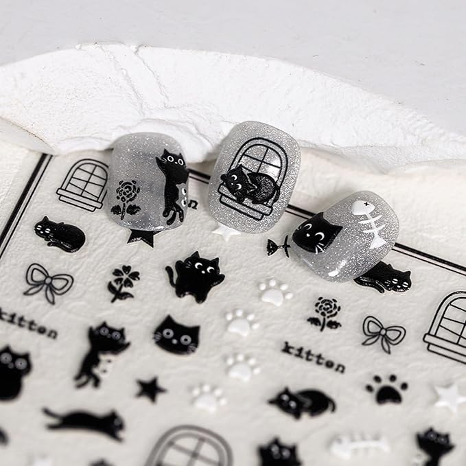Dedyel 5D Embossed Cute Cat Nail Art Stickers Cartoon Kawaii Design Anime Self Adhesive Nail Stickers for Women Kids Girls Nails Art Decorations