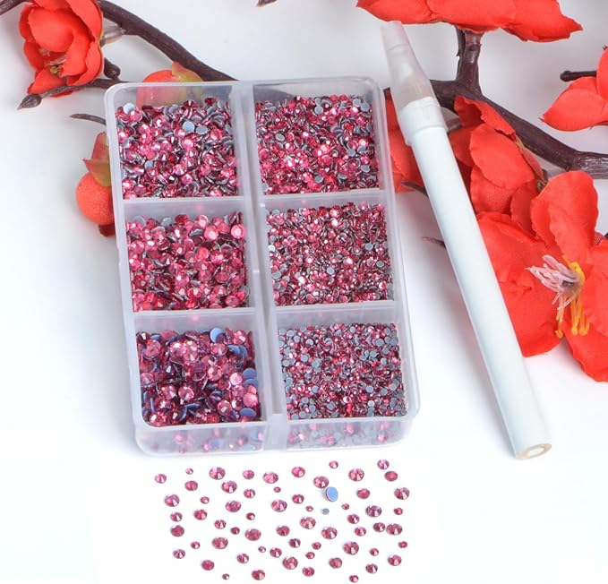 Bymitel Hotfix Crystal Rhinestones Round Gems for Crafts,Mixed 6 Sizes with Wax Pencil Kit, Rose1.3-3.2mm(SS3-SS12/8000pcs)