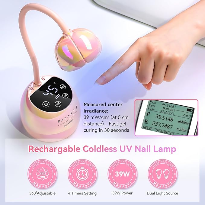 Makartt UV LED Nail Lamp - Gooseneck UV Light for Nails Cordless Rechargeable USB 39mW/cm² Dryer LED Lamp with Auto Sensor 4 Timer Settings Fast Curing for Nail Art Polish (Glazed Pink)