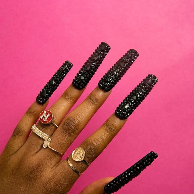 LOVFUL Press on Nails Classic Black Rhinestone| Handmade with Full Covered Crystals | Reusable Fake Nails | Square | H146-L, pink