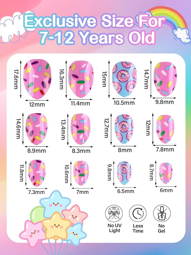 EBANKU Press on Nails Kid, 72Pcs Almond Fake Nails Kid Flower Heart Acrylic Nails with Nail Glue for Girl Home Decor