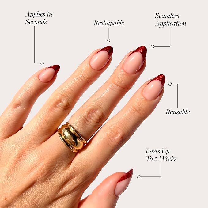 Glamnetic Press On Nails - Red Affair Fake Nails | Short Almond Red Glitter French Tip Nails with a Glossy Finish | 15 Sizes - 30 Nail Kit with Glue