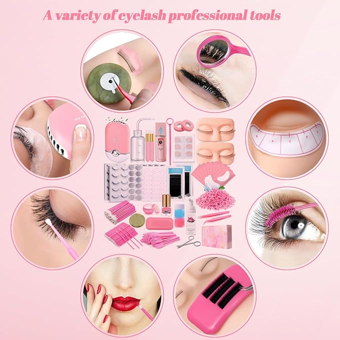 Lash Extension Kit for Beginners Lash Mannequin Head with Replaced Eyelids False Eyelashes Practice Eyelash Strips Facial Mister Tweezers Glue USB Fan Professional Set