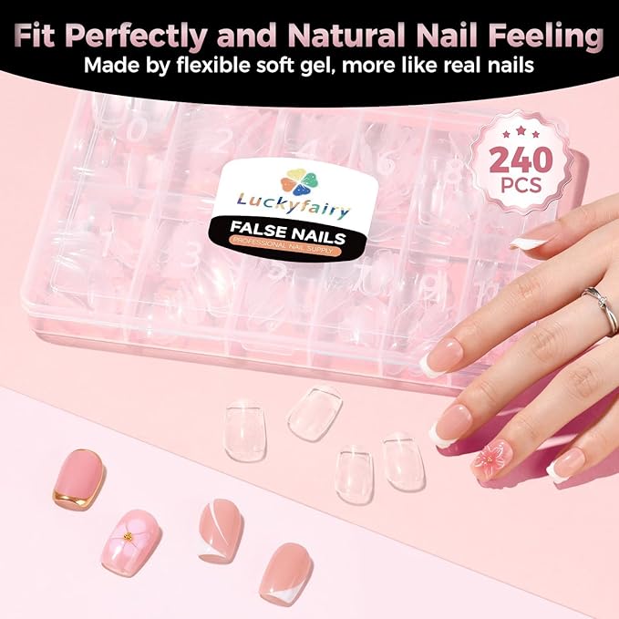 Square Nail Tips: 240Pcs Short Squoval Soft Gel Tips, Pre-Etched Full Cover Gelly Fake Nails, No Filing Needed, Thin Cuticle & Thick Tip Clear Extension System for DIY Home Salon 12 Sizes