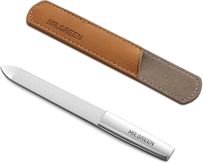 MR.GREEN Professional Double Sided Stainless Steel Nail File with Non-Slip Handle and Leather Case, Pointed Nail Buffering Files Washable