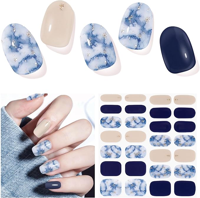 Semi Cured Gel Nail Strips,28 Pcs Gel Nail Stickers Wraps(Ocean Blue),Long Lasting Stickers Works with Any UV Light, Easy to Apply