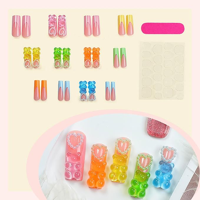 Square Press on Nails Long Fake Nails Color French Tip Acrylic Nails Press Ons With Cute Glue on Nail 3D Bear Charm Design False Nails Glossy Full Cover Artificial Nail for Women and Girls 24pcs