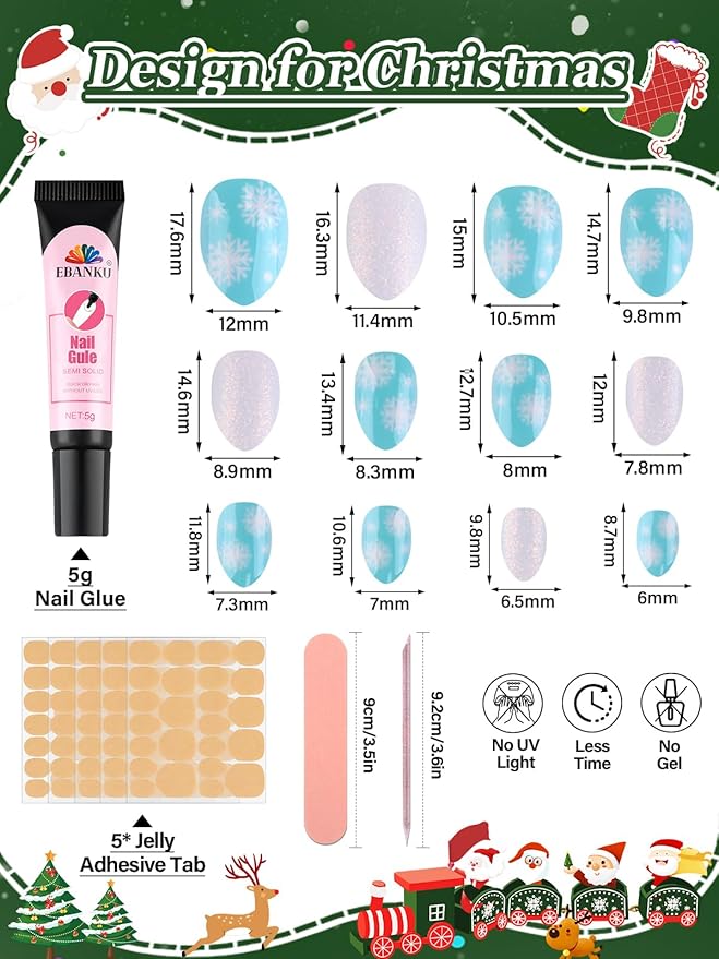 24 Pieces Press on Nail Kid, EBANKU Christmas Mini Glue on Nail Almond Cute Design Acrylic Nails with Nail Glue for Girls 7-12 Years