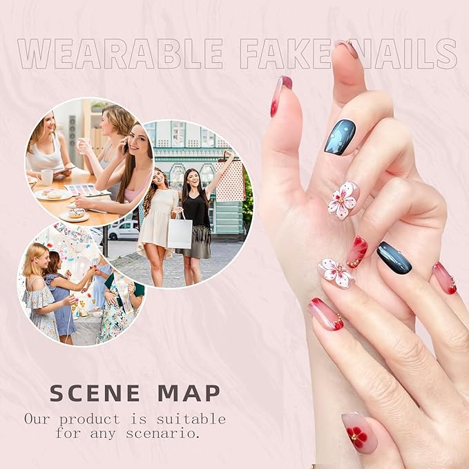 Handmade Press on Nails ，Medium Coffin Nails - 10PCS Glossy short Coffee False Nails with 3D Flower Metallic Embellishments | Reusable Acrylic Nail Set | Salon Quality Nail Art Kit.(M-10PCS)