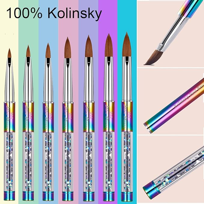 2Pcs Acrylic Nail Art Brushes Size 8, 100% Pure Kolinsky Hair Oval Nail Brush for Acrylic Application, Professional Nail Extension Manicure Tool Striping Nail Drawing Pen for Home