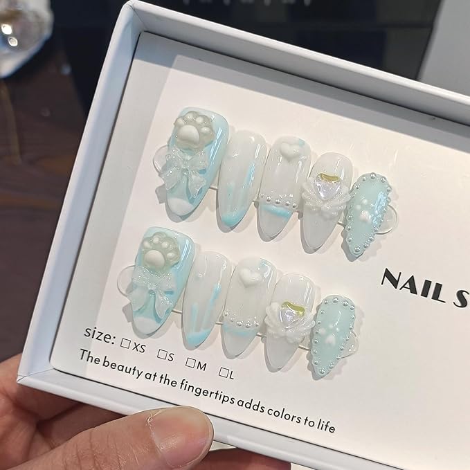 Sky Blue Press on Nails Medium Almond,Full Cover Fake Nails With 3D Charms Bow Pearls Love Designs,10pcs/Box Handmade Sweet Cool Cute Short Nails Press ons For Women Girls(XS)