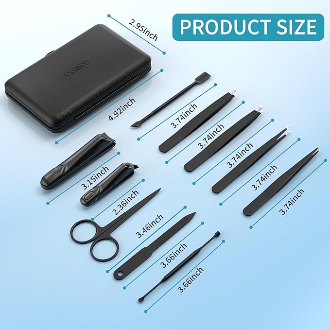 Manicure Set 10 in 1 Stainless Steel Nail Clippers Scissors Tweezers Grooming Kit with Travel Case (Black)