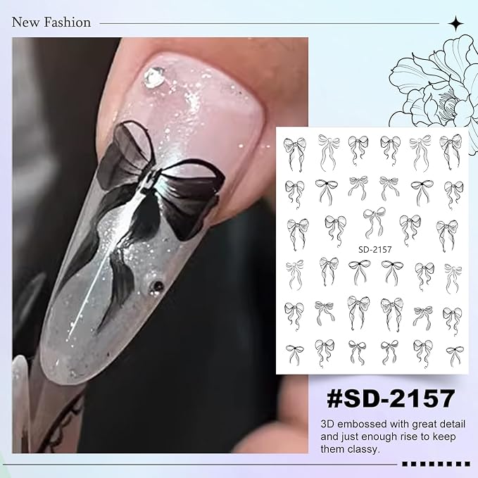 12 Sheets Bow Nail Sticker 3D Embossed Self-Adhesive Color Bow Art Nails Decals 5D Design Stickers Supplies for Women Girls Manicure Decoration 931-12