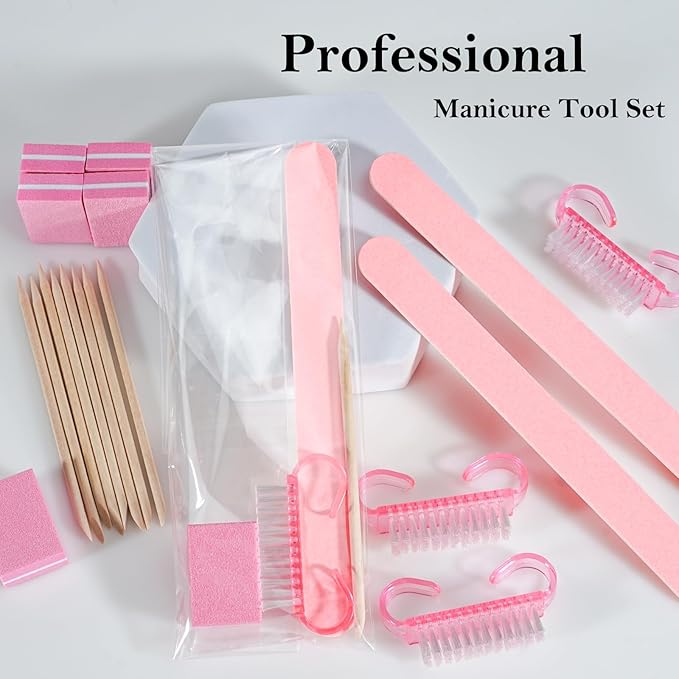 Disposable Manicure kit Press On Nail Tool Kit for Salon Home, Mini Nail Buffer, Nail File, Wood Stick, Nail Brush (Pink, 100 Set)