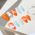 100% Handmade Press on Nails Medium Almond Handmade Nails with Rhinestone Flower Charm Design Orange Fake Nails Ombre Laser Nail Press ons Reusable Spring Summer Acrylic Nails for Women Size L10Pcs
