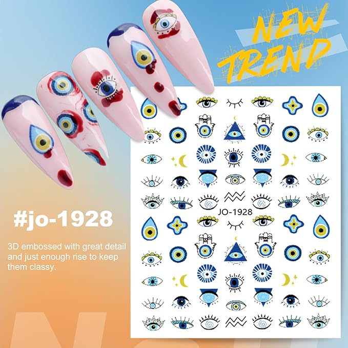 12 Sheets Evil Eye Nail Art Stickers Decals Self Adhesive Pegatinas Uñas Turkish Blue Eye Hamsa Hand Eye of Fatima Manicure Tips Devil Eye Nail Decoration for Women Girls Gift 807-7