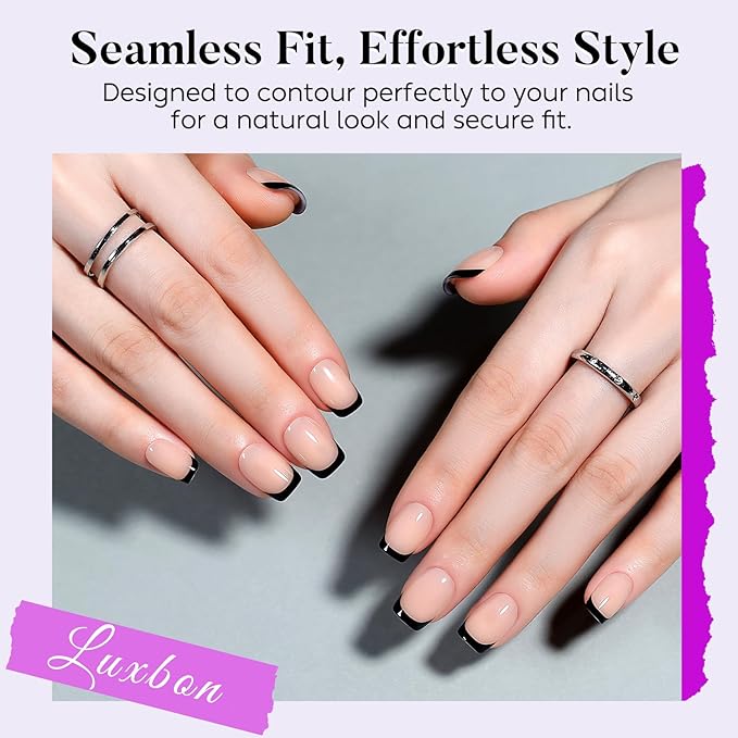 Luxbon Press On Nails with No-Cure Nail Glue and Tool Kit – French Manicure Glue On Nails 30-32pcs Full Size Set, Reusable Fake Nails for Women, Salon Look at Home, Black
