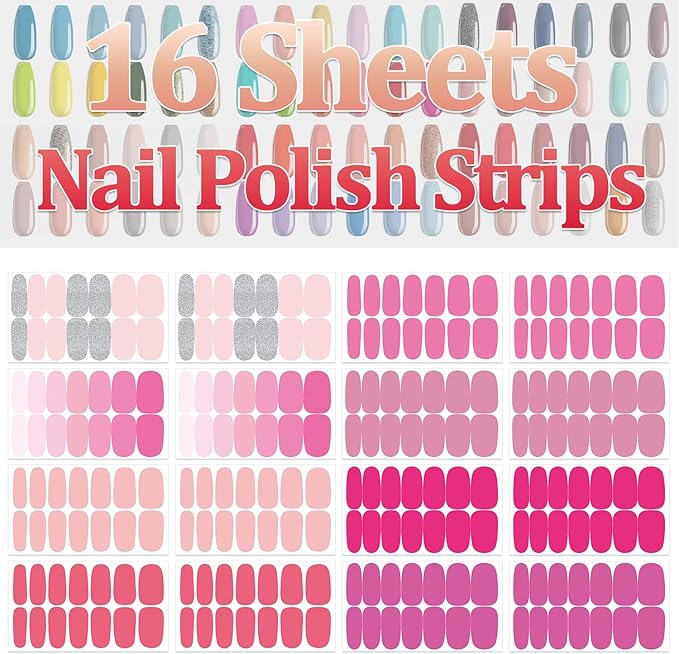 SILPECWEE Pink Nail Wraps for Women Nail Polish Strips Solid Color Glitter Self Adhesive Nail Polish Stickers Gel Nail Strips Fingernail Manicure Stickers with 1pc Nail File (16 Sheets)