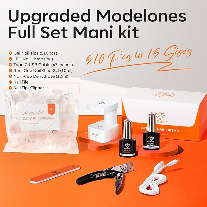 modelones X Nail Gel Kit Almond, Upgrade 15Sizes Fake Nails, 9-in-One Glue Dehydrator & Mini U V Light Clipper, 510Pcs Medium Almond Press on Tips for Extension DIY Salon Home Gift