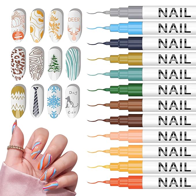 12 Color Nail Art Pens for Painting Nails, 0.7 MM Nail Polish Pens Drawing Point Liner Acrylic Painted Pen Kit, Waterproof Quick-drying for DIY Design Manicure Tools Christmas Gifts