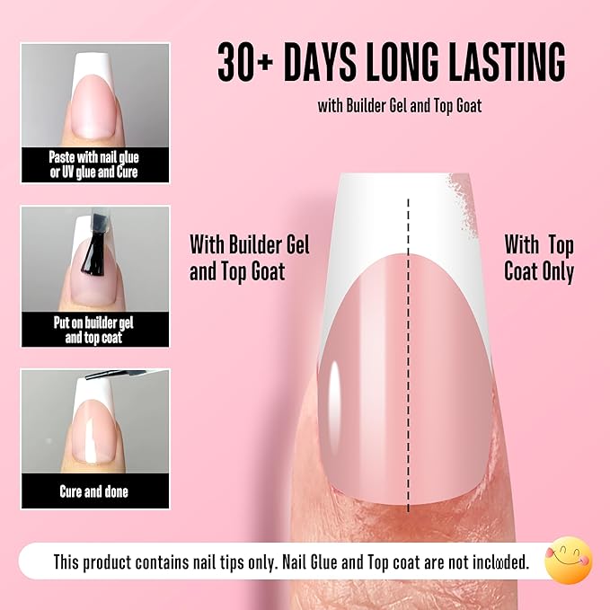 NOVO OVO White French Tip Medium Coffin Nail Tips Press on, BABY PINK, Extra Thick Soft Gel Fake Nail Acrylic Extension, Need Builder Gel Top Coat, No Glue Included, for Salon DIY 15 Sizes x 240 pcs
