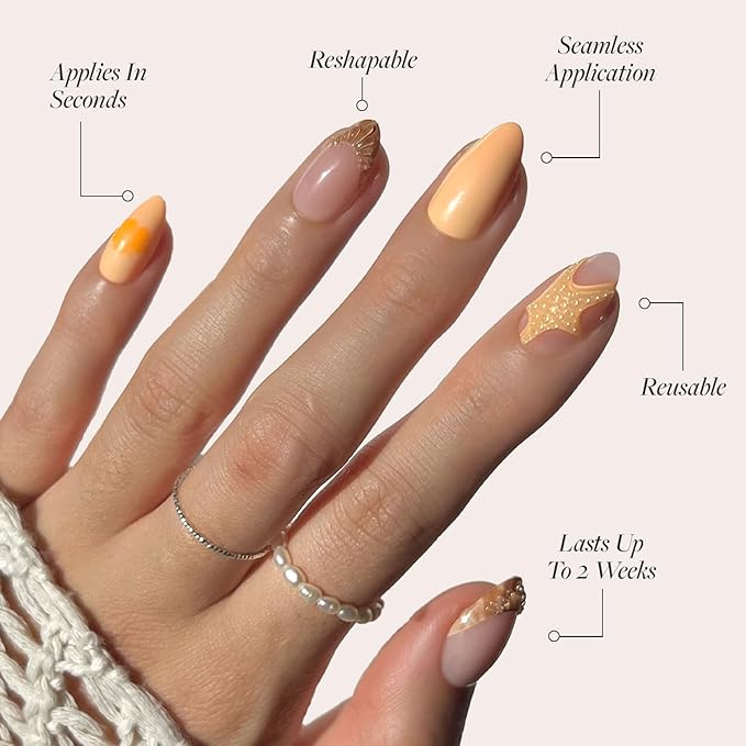 Glamnetic Press On Nails - Sunny Shores | Short Almond Orange Fake Nails with 3D Starfish, Salon Quality Summer Nails | 15 Sizes - 30 Nail Kit with Glue