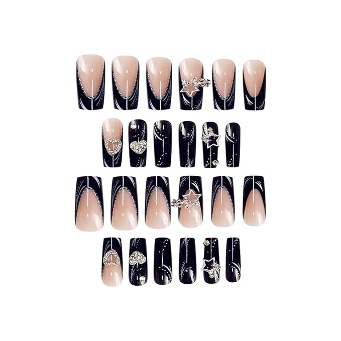 Long Press on Nails Square Fake Nails Black Artificial Nail French Stars and Heart Designs Stick on Nail for Women 24pcs
