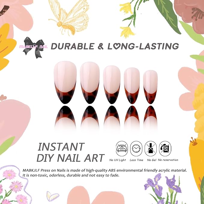 Fall Press on Nails Medium Almond MABKJLF French Tip Fake Nails False Nails with Leopard Print Designs Glossy Glue on Nail Autumn Full Cover Acrylic Nails for Women Girls 24Pcs