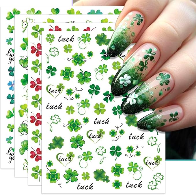 St. Patrick's Day Nail Art Stickers, Irish Shamrock 3D Self-Adhesive Nail Decals Lucky Clover Design (4 Sheets)