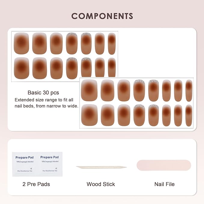 Semi Cured Gel Nail Strips – Real Gel Nail Polish Wraps for Brittle Nails | Waterproof Long Lasting Easy Peel-Off Removal | Hema-Free | Ombre Brown Salon Sticker Kit with File & Stick